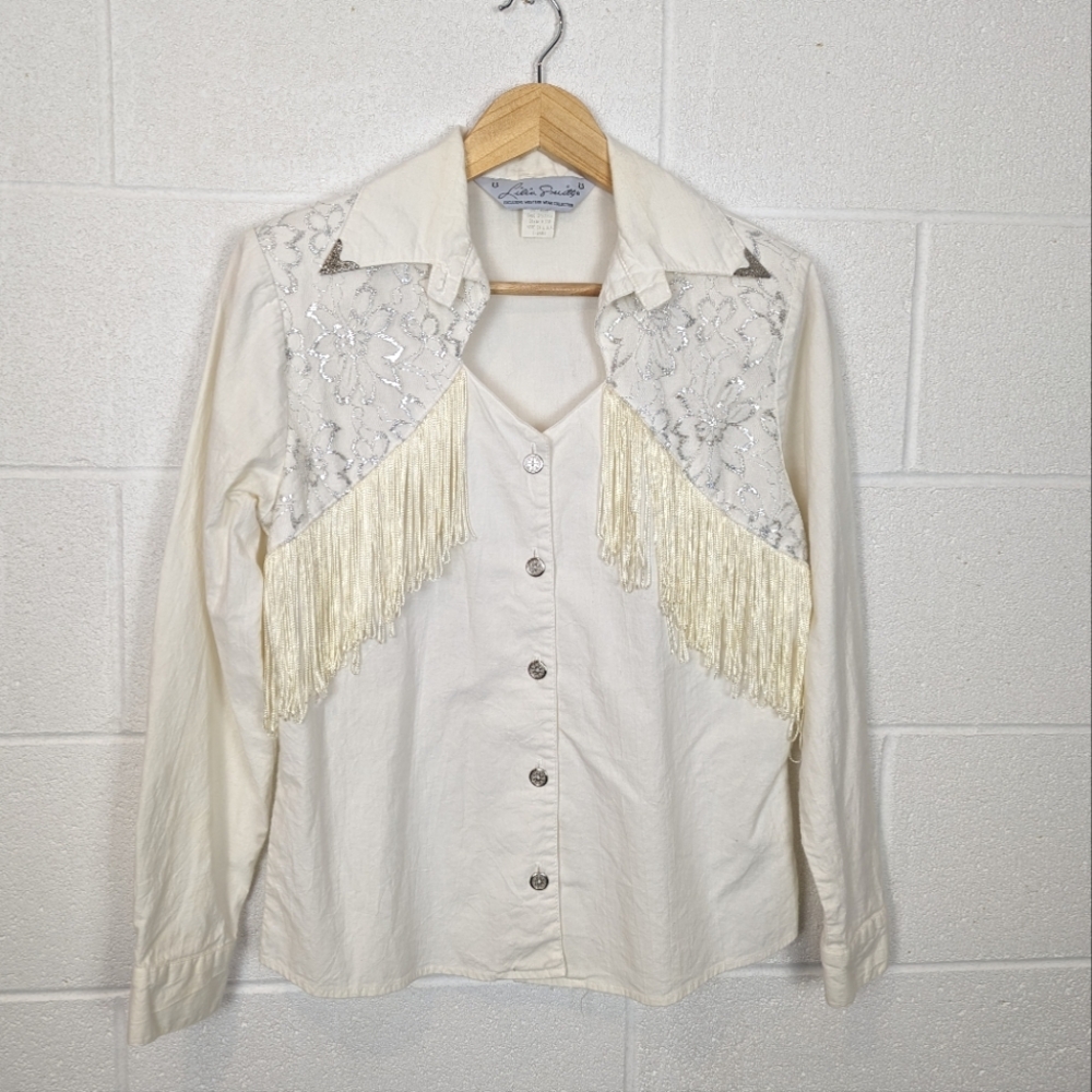 VINTAGE Lilia Smitty Western Cotton Button Up Ivory EUC Fringe Silver Cowgirl